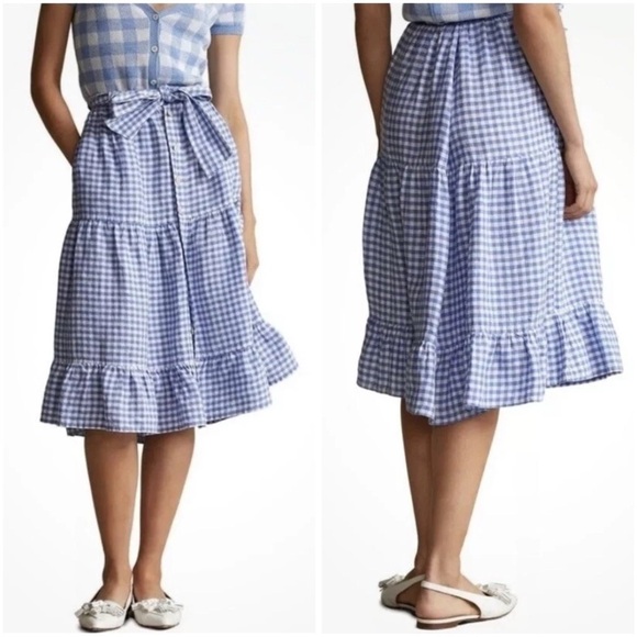 Ralph Lauren Dresses & Skirts - POLO Ralph Lauren Blue Gingham Linen Tiered Ruffle Midi Skirt w/ Pockets Sz 4